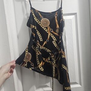 Asymmetrical Black and Gold Chain Print Top